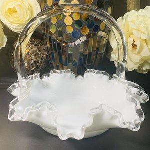 Vintage Fenton milk glass ruffle glass handle. Candy Bridal dish